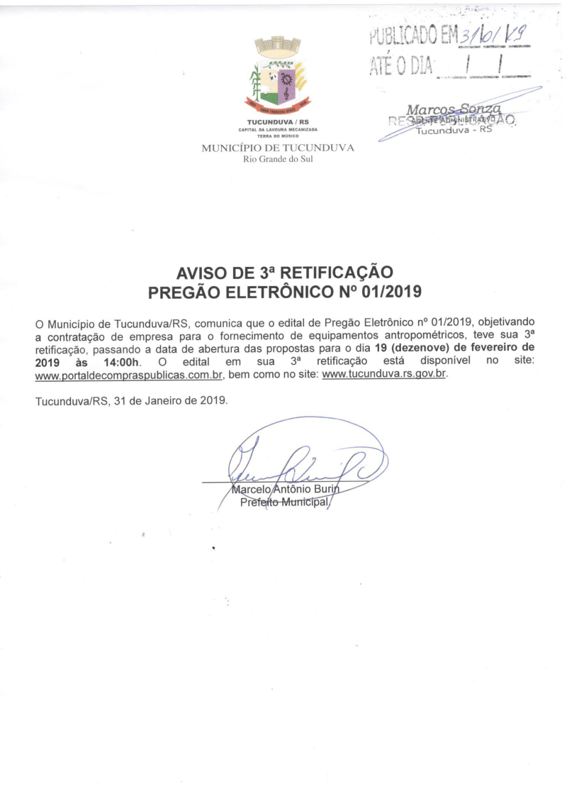 AVISO DE LICITAÇÃO - 3ª RETIFICAÇÃO PE Nº 01_2019